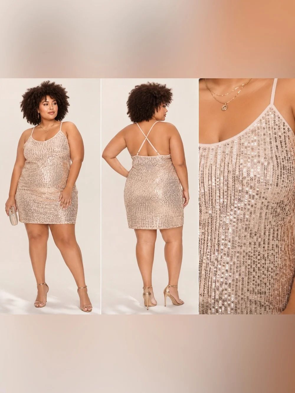Forever 21 Plus Champagne Sequin Slip Dress plus 0X Spaghetti Strap Party NYE